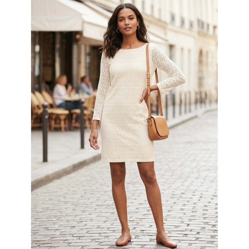 Banana Republic Alabaster Tint Geometric Lace Shift Dress 8P 565033-01 Ivory